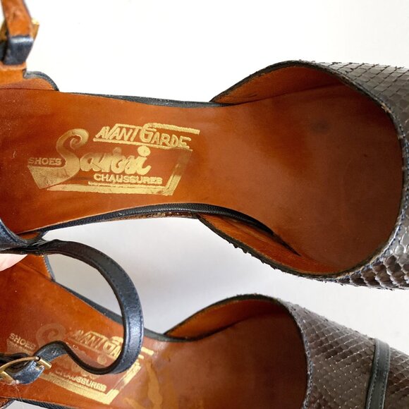 Vintage Brown Snakeskin Mary Jane Heels Ankle Strap 6.5 - Picture 8 of 8